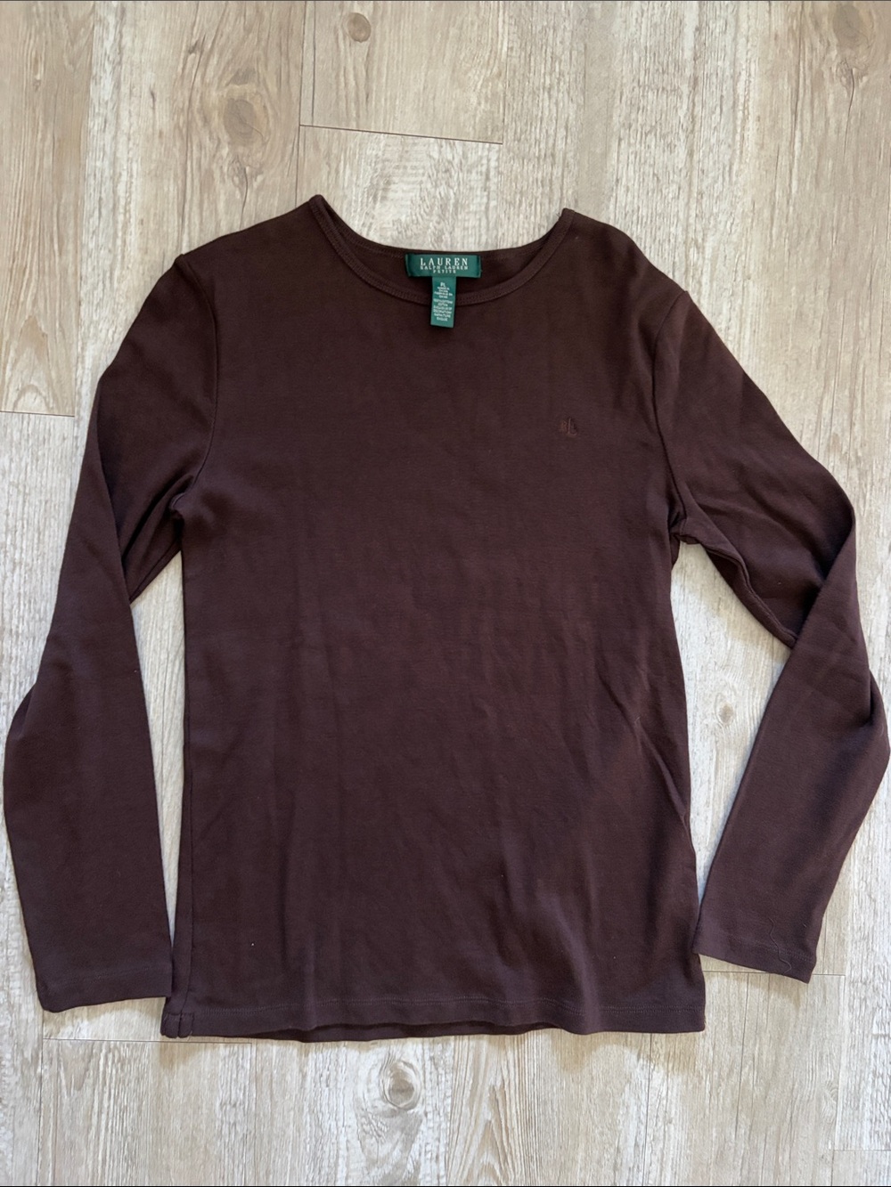 Lauren Ralph Lauren Long Sleeve Ribbed Cotton Tee Charcoal Gray & Deep Brown - Picture 6 of 12